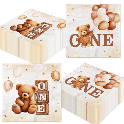 48 Stück Bären-Servietten, brauner Teddybär, 1. Party-Dekorationen für Jungen und Mädchen, Einjähriges Thema, Einweg-Papierservietten für Bär, Geburtstag, Babyparty, Party-Tischzubehör von GREHUMOR
