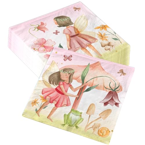 GREHUMOR 40 Stück Feen-Servietten-Zubehör, Feen-Geburtstagsparty, Tischdekoration, Blumenfeen, verzaubertes Wunderland, Wald, Garten, Einweg-Papierservietten, Babyparty-Gastgeschenke für Mädchen von GREHUMOR