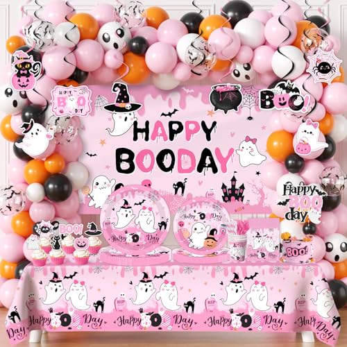 Halloween-Geburtstagsparty-Dekorationen, rosa und schwarz, "Happy Boo Day", Halloween-Themen-Geburtstagsparty-Zubehör für Mädchen, inklusive Geisterteller und Servietten, Tischdecke, Luftballons, 275 Halloween-Geburtstagsparty-Dekorationen, rosa und schwarz, "Happy Boo Day", Halloween-Themen-Geburtstagsparty-Zubehör für Mädchen, inklusive Geisterteller und Servietten, Tischdecke, Luftballons, 275 von GREHUMOR