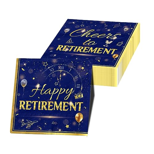 Servietten "Happy Retirement", Partydekoration, Blau-Gold, Einweg-Servietten, gefaltet, Cocktail-Servietten, Zubehör für Männer und Frauen, 40 Stück von GREHUMOR
