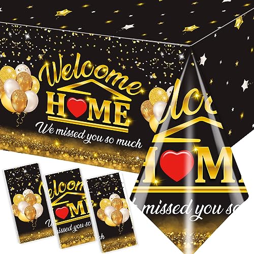 Welcome Home Dekorationen, Tischdecke, 3 Stück, "Welcome Back Home", Schwarz / Gold, We Missed You So Much, Militär, Heimkehr, Rückkehr, Kunststoff, Einweg-Tischdecke, Partydekoration für von GREHUMOR