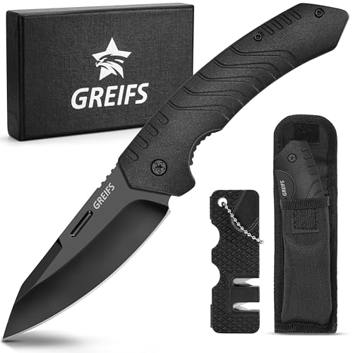 GREIFS® Klappmesser G1 (Zweihandmesser) mit Messerschärfer und Tasche, EDC Messer Outdoor & Survival Taschenmesser, Überlebensmesser, Jagdmesser (Black) von GREIFS