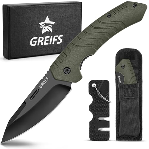 GREIFS® Klappmesser G1 (Zweihandmesser) Messer mit Tasche, Outdoor & Survival Taschenmesser, Überlebensmesser, Jagdmesser (G1+Messerschärfer, OliveBlack) von GREIFS