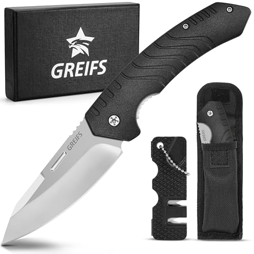 GREIFS® Klappmesser G1 (Zweihandmesser) mit Messerschärfer und Tasche, EDC Messer Outdoor & Survival Taschenmesser, Überlebensmesser, Jagdmesser (Silver) von GREIFS