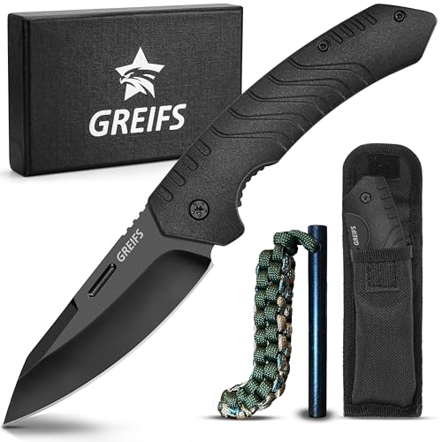 GREIFS® Klappmesser G1 (Zweihandmesser) Messer mit Tasche, Outdoor & Survival Taschenmesser, Überlebensmesser, Jagdmesser (G1+Feuerstahl, Black) von GREIFS