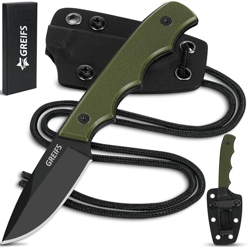 GREIFS® Neck Knife Messer NEXUS mit Kydex Scheide, Clip+Paracord zum Umhängen oder Einstecken, Tactical Survival EDC Outdoor Messer versteckt Tragen - Legal in Deutschland - 42a konform (Black-Olive) von GREIFS
