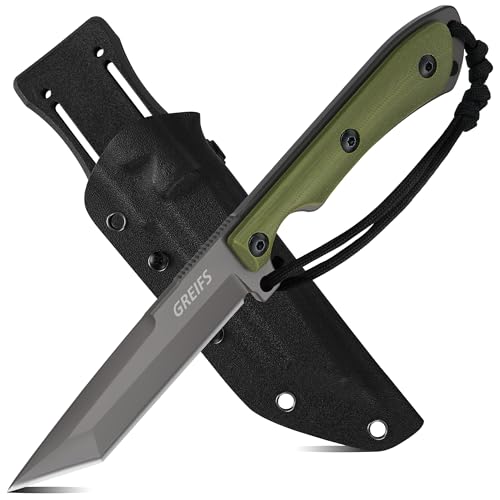 GREIFS® Outdoor-Messer aus D2 Stahl mit Kydex Holster und Feuerstahl, edles Survival Messer für die Bushcraft Ausrüstung, Jagdmesser, Schnitzmesser, Fahrtenmesser (Apex/Olivgrün) von GREIFS