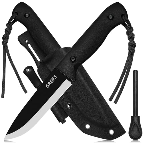 GREIFS® Outdoor-Messer aus D2 Stahl mit Kydex Holster und Feuerstahl, edles Survival Messer für die Bushcraft Ausrüstung, Jagdmesser, Schnitzmesser, Fahrtenmesser (BushMaster/Schwarz) von GREIFS