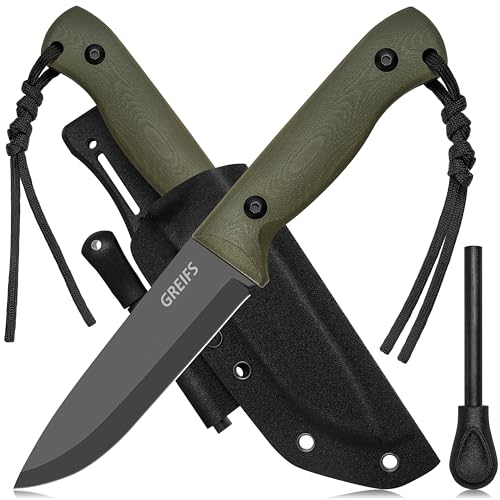 GREIFS® Outdoor-Messer aus D2 Stahl mit Kydex Holster und Feuerstahl, edles Survival Messer für die Bushcraft Ausrüstung, Jagdmesser, Schnitzmesser, Fahrtenmesser (BushMaster/Olivgrün) von GREIFS