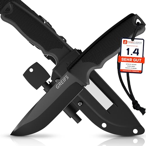 GREIFS® Outdoor-Messer G-Serie aus 440C Stahl mit Holster & Dangler, edles Survival Messer für die Bushcraft Ausrüstung, Jagdmesser, Schnitzmesser, Fahrtenmesser (G7/Schwarz) von GREIFS