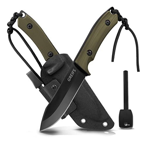 GREIFS® Outdoor-Messer aus D2 Stahl mit Kydex Holster und Feuerstahl, edles Survival Messer für die Bushcraft Ausrüstung, Jagdmesser, Schnitzmesser, Fahrtenmesser (Milan/Olivgrün) von GREIFS