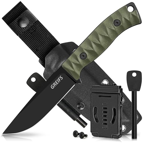 GREIFS® Outdoor-Messer aus D2 Stahl mit Kydex Holster und Feuerstahl, edles Survival Messer für die Bushcraft Ausrüstung, Jagdmesser, Schnitzmesser, Fahrtenmesser (Ranger/Olivgrün) von GREIFS