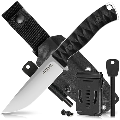 GREIFS® Outdoor-Messer aus D2 Stahl mit Kydex Holster und Feuerstahl, edles Survival Messer für die Bushcraft Ausrüstung, Jagdmesser, Schnitzmesser, Fahrtenmesser (Ranger/Silber-Schwarz) von GREIFS