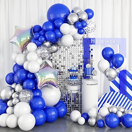 GREMAG Blaues und weißes Ballongirlanden-Set, 102 STÜCKE Royal Blue Silver Balloon Arch Kit, mit silbernem Konfetti-Ballon-Laserstern-Folienballon, für Babyparty-Geburtstags-Themenparty-Hintergrund von GREMAG