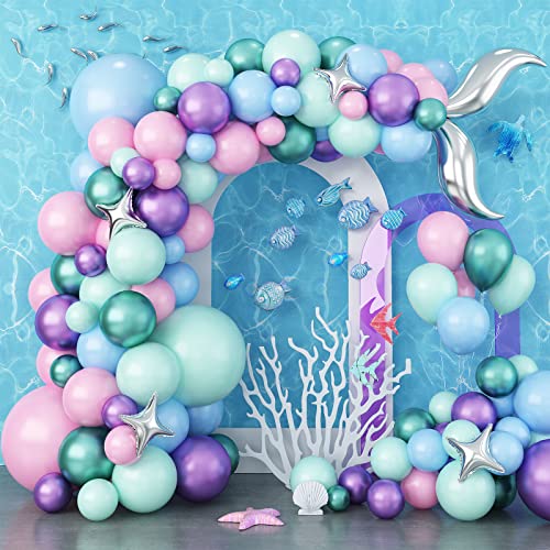 GREMAG Meerjungfrauen-Luftballon-Girlanden-Set, 134 Stück Luftballons mit silbernen Meerjungfrauenschwänzen, Sternen, Macaron, lila, rosa, grün, lila Luftballons, für die Geburtstags-Babyparty von GREMAG