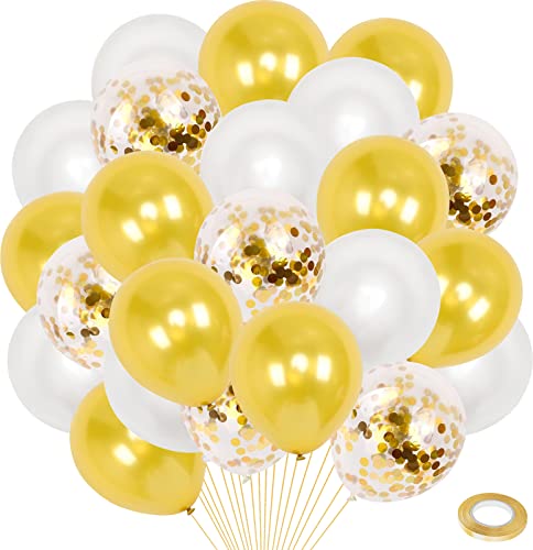 Gold Weiß Luftballons, 40 Stück Weiß Gold Perl Latex Ballons Gold Konfetti Luftballons mit Band Geburtstagsdeko für Mädchen Jungen Birthday Hochzeit Babyparty Jubiläum Halloween Abschluss Babydusche von GREMAG