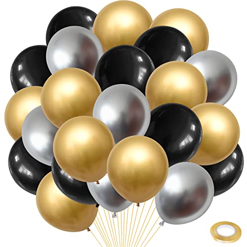 Schwarz Gold Silber Luftballons, 40 Stück Schwarz Latex & Metallisch Gold Silber Luftballons Geburtstagsdeko für Mädchen Jungen Birthday Hochzeit Babyparty Jubiläum Halloween Abschluss Babydusche von GREMAG