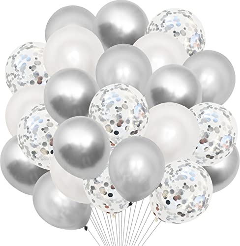 GREMAG Luftballons Silber Weiß, 40 Stück 12 Zoll Ballon Silber Konfetti Luftballons Silber mit Bändern, Luftballons Hochzeit, Geburtstag, Birthday Pary Babyparty Graduierung Party Dekoration von GREMAG