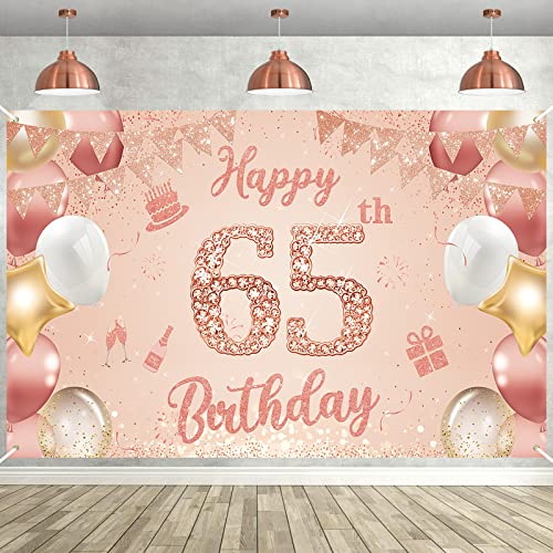 65. Geburtstag Mädchen Deko, Roségold Banner 65 Geburtstag Extra Große Stoff Hintergrund Banner Geburtstag Happy Birthday Banner für Mädchen Frauen Geburtstagsdeko Fotoautomat Home Decor 185*110cm von GRESAHOM