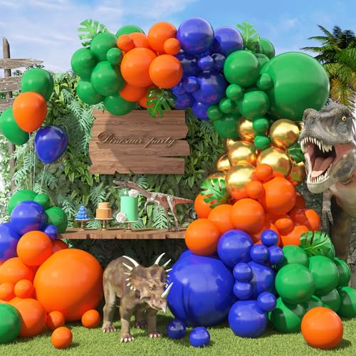 Dinosaurier Deko Ballongirlande Set, 104 Stück Dino Luftballon Girlande mit Blau Grün Orange Balloons und Metall Gold Helium Ballons, für Dinosaurier Dschungel Party Geburtstag Dekoration Junge von GRESAHOM