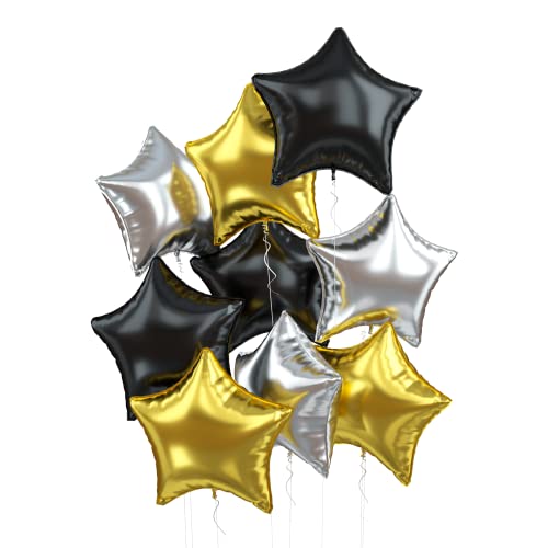 Folien Luftballon Sterne, 18 Zoll Schwarz Gold Silber Pentagramm Aluminium folienballons Set, 9 Stück Mylar Helium Luftballons in Stern für Geburtstag Babyparty Abschluss Hochzeit Party Dekorationen von GRESAHOM