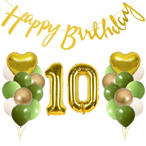GRESAHOM 10. Geburtstag Deko, 10 Geburtstag Junge Mädchen Deko, Salbeigrüne Weiß Gold Ballons Party Deko, Zahl 10 Luftballons, Gold Herz Folienballon, für Junge Mädchen 10 Jahre Geburtstagsdeko von GRESAHOM