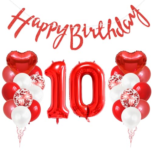 GRESAHOM 10. Geburtstag Deko, 10 Geburtstag Mädchen Geschenk, Rot Weiß Ballons Party Deko, Zahl 10 Luftballons, Rot Herz Folienballon und Happy Birthday Girlande, für Mädchen 10 Jahre Geburtstagsdeko von GRESAHOM