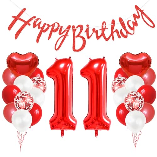 GRESAHOM 11. Geburtstag Deko, 11 Geburtstag Mädchen Geschenk, Rot Weiß Ballons Party Deko, Zahl 11 Luftballons, Rot Herz Folienballon und Happy Birthday Girlande, für Mädchen 11 Jahre Geburtstagsdeko von GRESAHOM