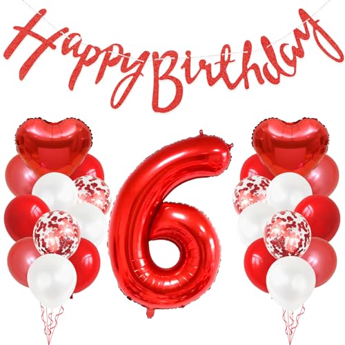 GRESAHOM 6. Geburtstag Deko, 6 Geburtstag Mädchen Geschenk, Rot Weiß Ballons Party Deko, Zahl 6 Luftballons, Rot Herz Folienballon und Happy Birthday Girlande, für Mädchen 6 Jahre Geburtstagsdeko von GRESAHOM