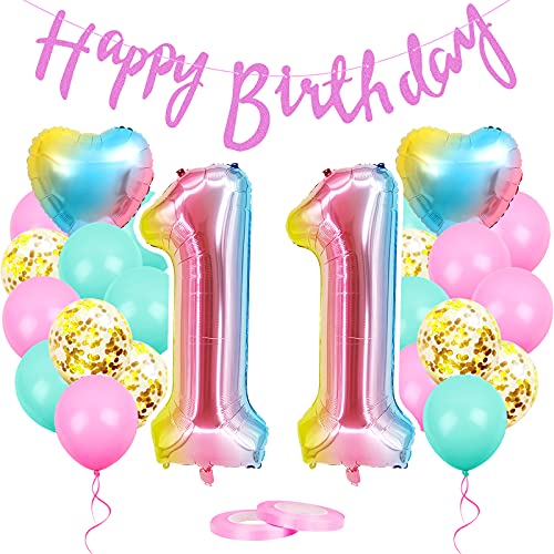 GRESAHOM Geburtstagsdeko Mädchen 11 Jahr, Luftballon 11. Geburtstag Rosa, Ballon 11. Geburtstag, Riesen Folienballon Zahl 11, Happy Birthday Girlande Folienballon für 11 Deko Geburtstag Party Mädchen von GRESAHOM