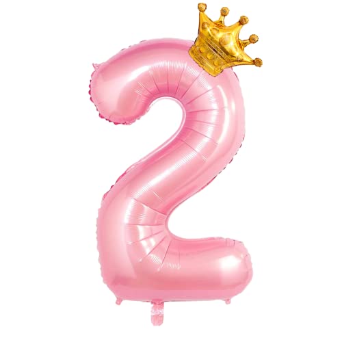 GRESAHOM Luftballons Tiffany Rosa 2 100cm Riesen Nummer Geburtstagsdeko folienballons XXL Happy Birthday Digital Ballon 2 mit Gold Kronenballon für Mädchen, Frauen Geburtstagsfeier Dekorations von GRESAHOM