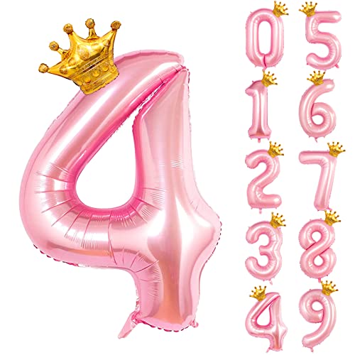 GRESAHOM Luftballons Tiffany Rosa 4 100cm Riesen Nummer Geburtstagsdeko folienballons XXL Happy Birthday Digital Ballon 4 mit Gold Kronenballon für Mädchen, Frauen Geburtstagsfeier Dekorations von GRESAHOM