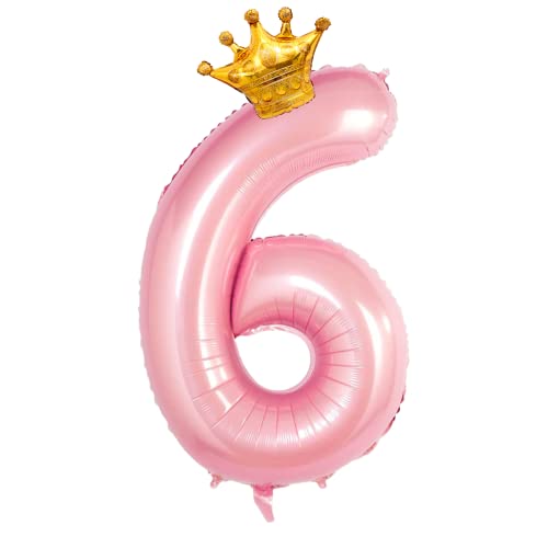 GRESAHOM Luftballons Tiffany Rosa 6 100cm Riesen Nummer Geburtstagsdeko folienballons XXL Happy Birthday Digital Ballon 6 mit Gold Kronenballon für Mädchen, Frauen Geburtstagsfeier Dekorations von GRESAHOM