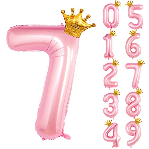 Luftballons Tiffany Rosa 7 100cm Riesen Nummer Geburtstagsdeko folienballons XXL Happy Birthday Digital Ballon 7 mit Gold Kronenballon für Mädchen, Frauen Geburtstagsfeier Dekorations von GRESAHOM