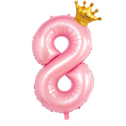 GRESAHOM Luftballons Tiffany Rosa 8 100cm Riesen Nummer Geburtstagsdeko folienballons XXL Happy Birthday Digital Ballon 8 mit Gold Kronenballon für Mädchen, Frauen Geburtstagsfeier Dekorations von GRESAHOM
