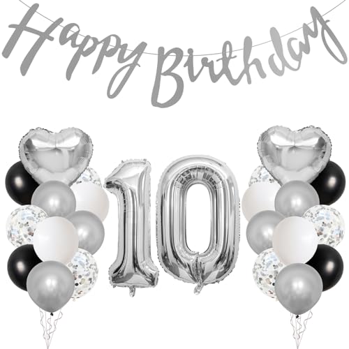 GRESAHOM 10. Geburtstag Deko, 10 Geburtstag Junge Deko Geschenk, Schwarz Silber und Weiß Ballons Party Deko, Zahl 10 Luftballons, Silber Herz Folienballon, für Junge 10 Jahre Geburtstagsdeko von GRESAHOM