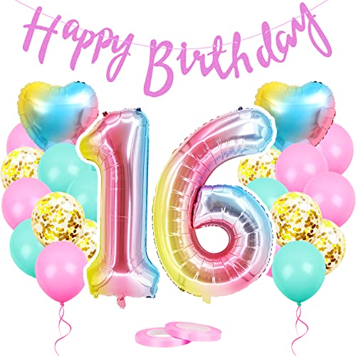 GRESAHOM Geburtstagsdeko Mädchen 16 Jahr, Luftballon 16 Geburtstag Rosa, Ballon 16 Geburtstag, Riesen Folienballon Zahl 16, Happy Birthday Girlande Folienballon für 16 Deko Geburtstag Party Mädchen von GRESAHOM