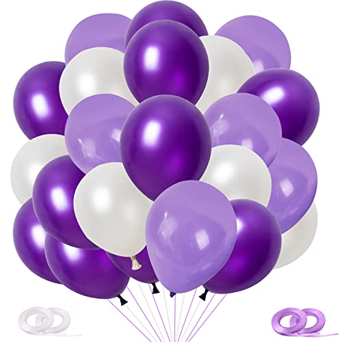 GRESAHOM Helles Lila Violett Weiß Luftballoons Set, 60 Stück 12 Zoll 3 Farben Latex Ballons Helium Luftballon mit 4 Bändern, Party Dekoration für Geburtstag Hochzeit Valentinstag Babyparty von GRESAHOM