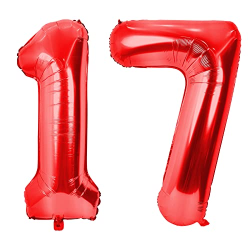 GRESAHOM Luftballons 17 100cm Rot Nummer Riesen Geburtstagsdeko folienballons XXL Happy Birthday Digital 1 7 Ballons für Geburtstagsfeier Dekoration für Jungen, Mädchen, Men, Frauen von GRESAHOM