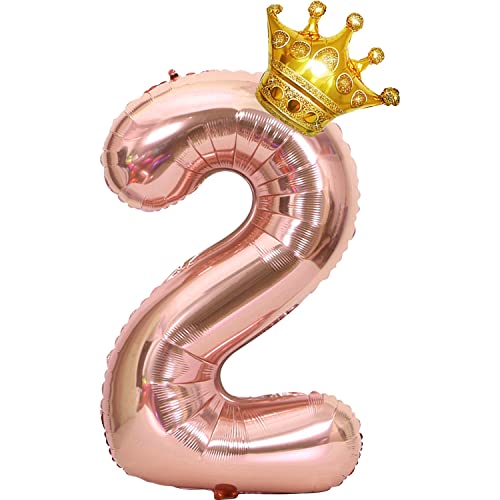 GRESAHOM Luftballons Rosegold 2 100cm Riesen Nummer Geburtstagsdeko folienballons XXL Happy Birthday Digital Ballon 2 mit Gold Kronenballon für Mädchen, Frauen Geburtstagsfeier Dekorations von GRESAHOM