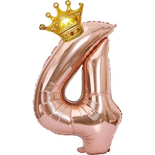 Luftballons Rosegold 4 100cm Riesen Nummer Geburtstagsdeko folienballons XXL Happy Birthday Digital Ballon 4 mit Gold Kronenballon für Mädchen, Frauen Geburtstagsfeier Dekorations von GRESAHOM