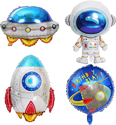 Space Balloons, 3D Giant Foil Helium Balloons, 4Pack Spaceship Rocket Spaceman Aluminum Balloon Birthday Party Supplies, Baby Shower Wedding Theme Party Decoration for Boys Girls von GRESAHOM