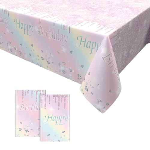 2PCS Regenbogen Party Tischdecke,Roségold Tischdecke Wasserdicht Plastik Tischtuch Sterne Diamant Geburtstag Party Tischdecke Dekorationen für Mädchen Frauen Geburtstag Party 137 x 274cm von GRESATEK