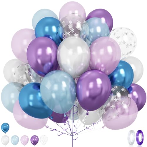 Frozen Luftballon, 50 StüCk 12 Zoll Blau Lila Weiß Luftballons Metallic Blau Lila Schneeflocke Konfetti Party Ballons für MäDchen Frozen Thema Party Eis Schnee Prinzessin Geburtstag Babyparty Deko von GRESATEK