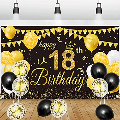 18.Geburtstag Deko Banner Hintergrund,Schwarz Gold Geburtstagsdeko Happy Birthday Banner Mit Party Dekorationen für Jungen Mädchen 18.Geburtstagsfeier von GRESATEK