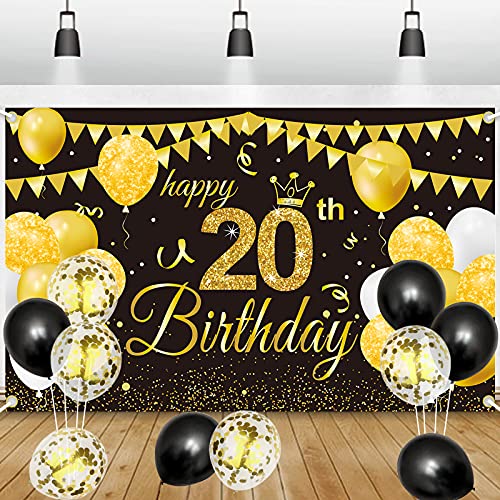 20. Geburtstag Deko Banner Hintergrund, GRESATEK Schwarz Gold Geburtstagsdeko Happy Birthday Banner Party Dekorationen für Frauen Mann 20. Geburtstagsfeier von GRESATEK