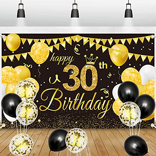 GRESATEK 30. Geburtstagsfeier Deko Banner Hintergrund, Schwarz Gold Geburtstagsdeko Happy Birthday Banner Party Dekorationen für Frauen Mann 30. Geburtstag von GRESATEK