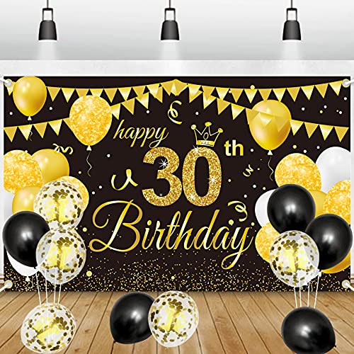 30.Geburtstagsfeier Deko Banner Hintergrund,GRESATEK Schwarz Gold Geburtstagsdeko Happy Birthday Banner Party Dekorationen für Frauen Mann 30. Geburtstag von GRESATEK