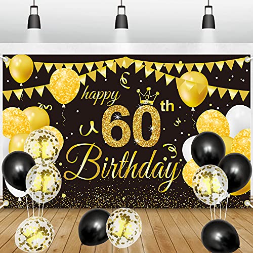 GRESATEK 60. Geburtstagsfeier Deko Banner Hintergrund, Schwarz Gold Geburtstagsdeko Happy Birthday Banner Party Dekorationen für Frauen Mann 60. Geburtstag von GRESATEK