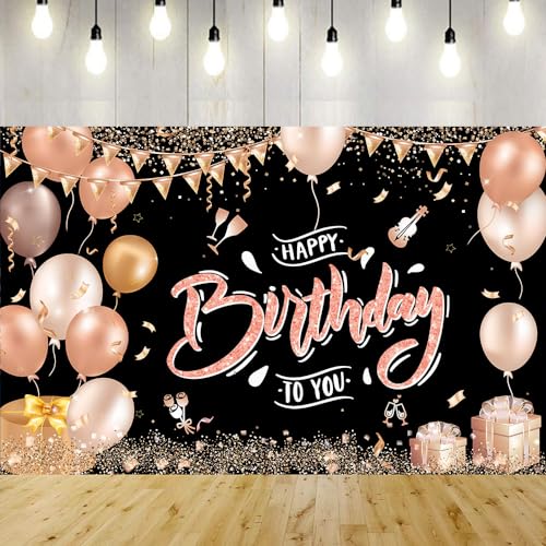 GRESATEK Happy Birthday Banner Geburtstagsdeko Banner für Mädchen und Frauen, Extra Groß Geburtstag Banner Deko, Dekorationen Stoff Zeichen (Rose Gold) von GRESATEK